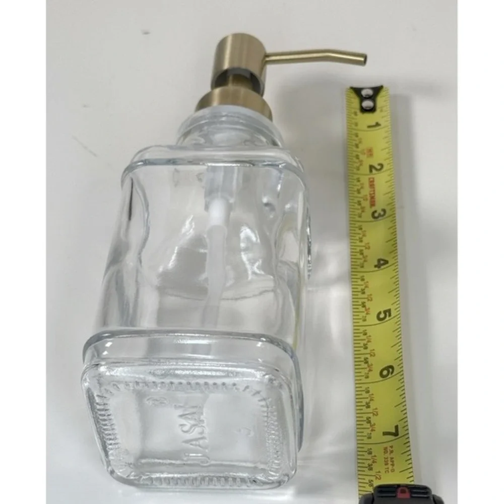 JASAI Antique Square Glass Soap‎ Dispenser 12oz Clear Gold Pump Labels NEW 81-09